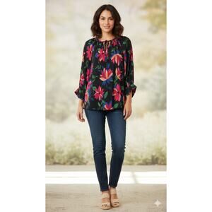 NWT Karen Kane Women's Boho Floral Print Tie-Neck Blouson Sleeve Top Relaxed XS